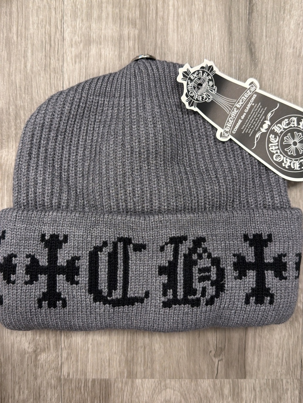Chrome Hearts Gray Beanie with Black Gothic Cross Motif